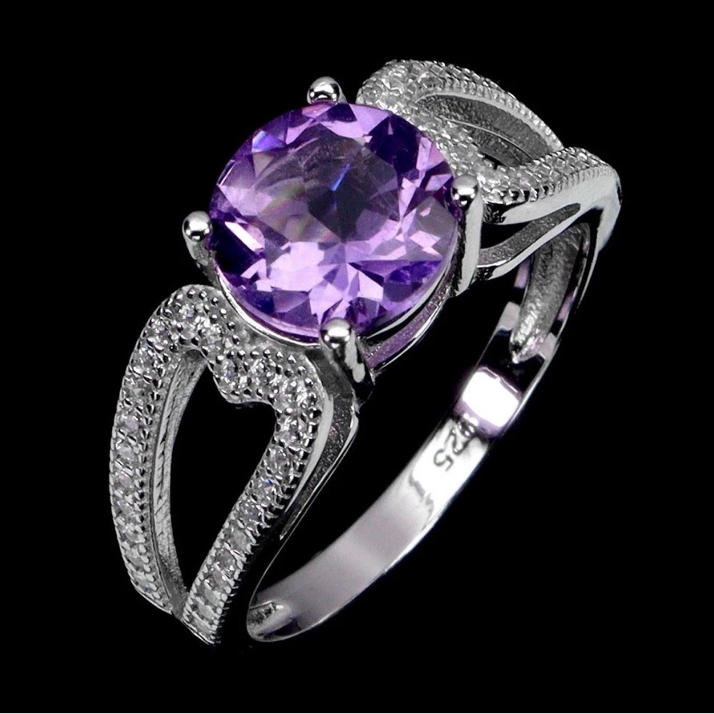 Elegant Natural 2CT Amethyst & Zircon in 925 Sterling Silver Ring Sz 8